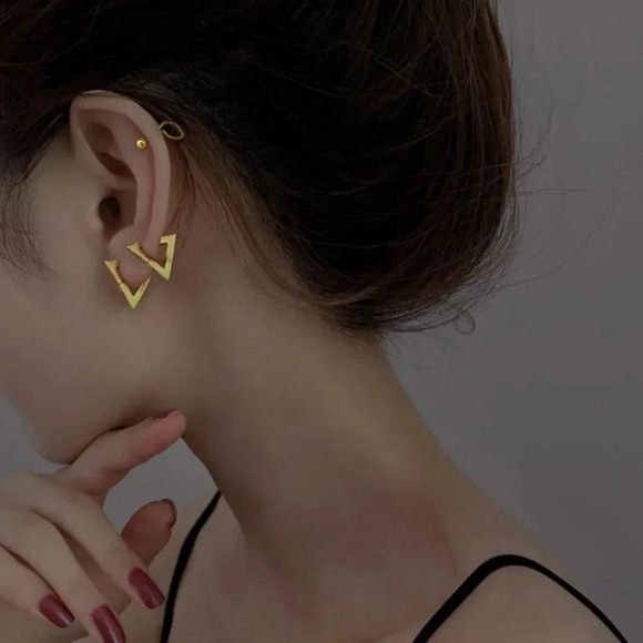 925 Sterling Silver Triangle Huggie Hoop Earrings Dainty Minimalist Earrings - Picture 2 of 7